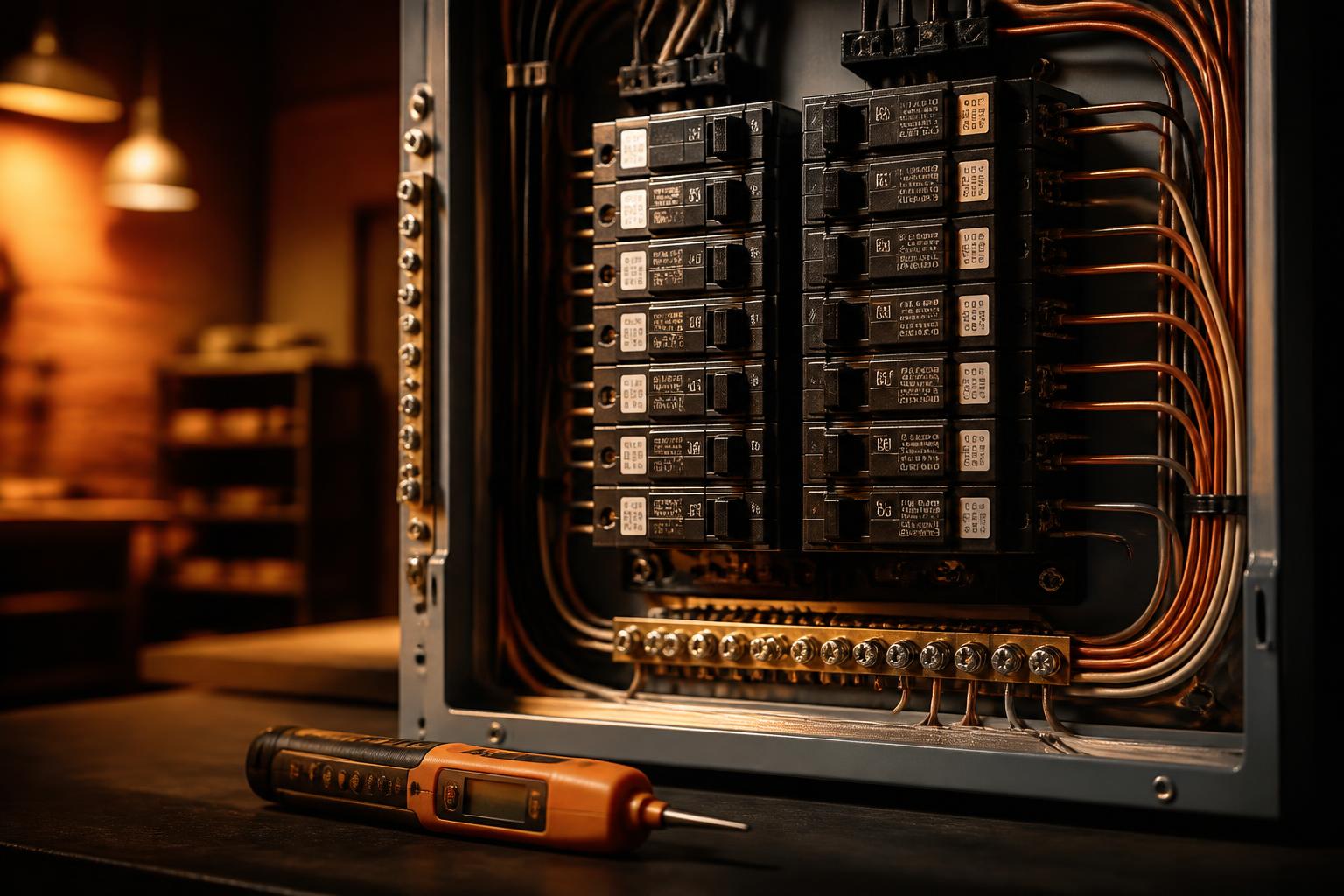 Modern electrical panel with organized breakers, copper wiring and a voltage tester
